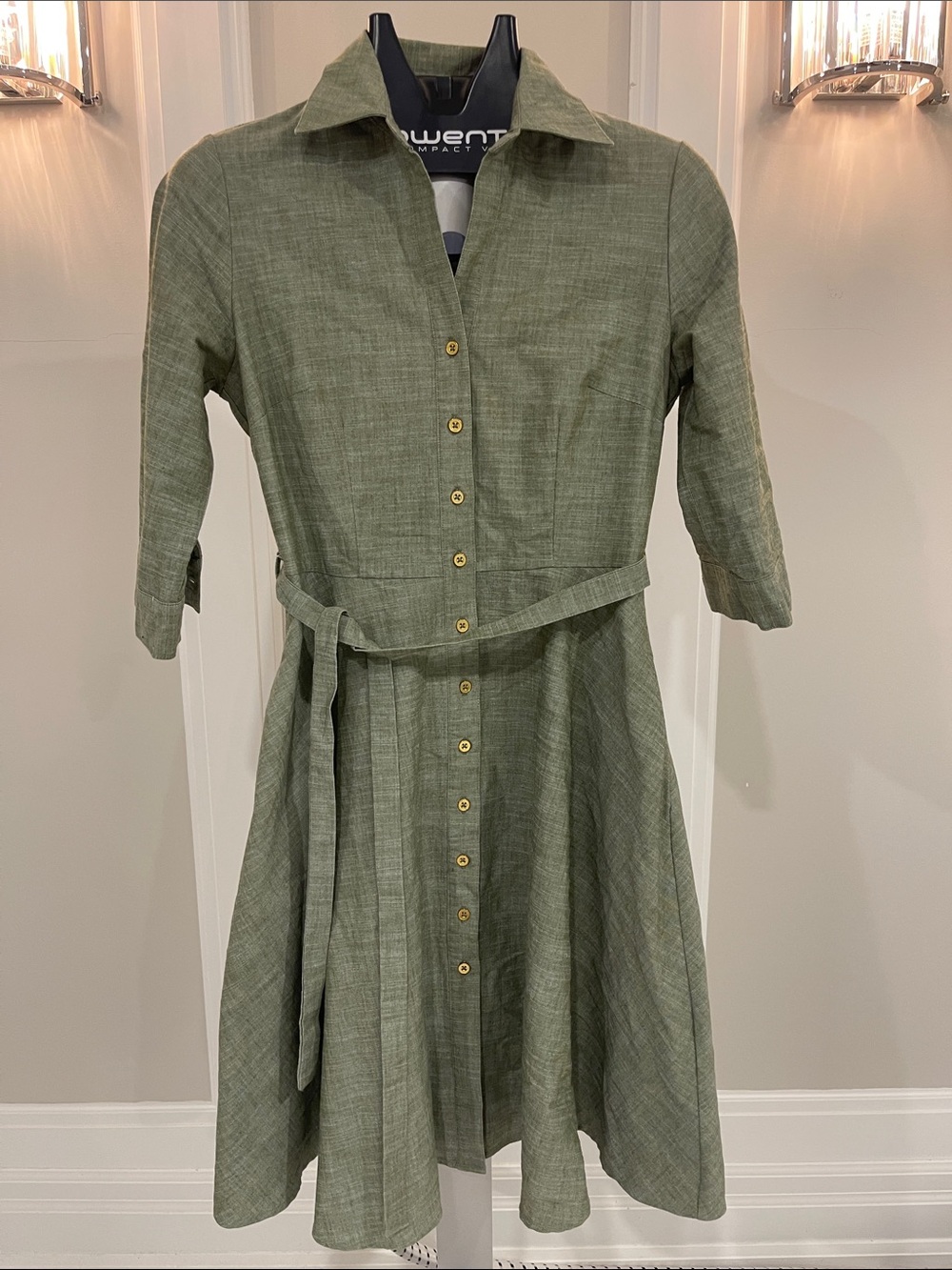 Olive Green Button-Front Midi Shirt Dress with Waist Tie